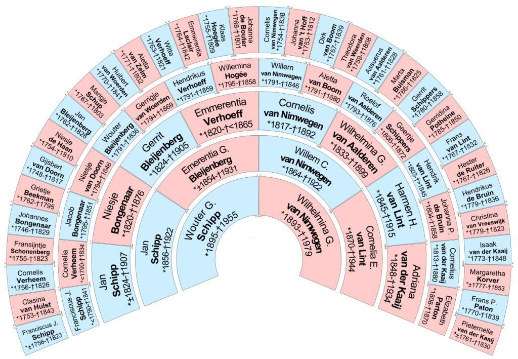 Cirkeldiagram met zes generaties